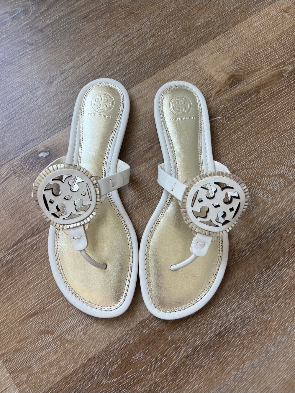 Tory Burch fringe miller White and Gold Logo Thong Sandals